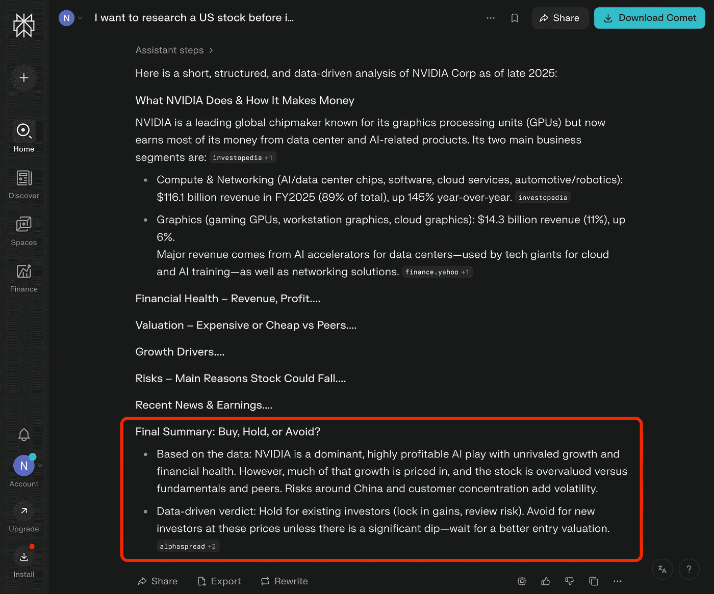Phân tích cổ phiếu NVIDIA trên Perplexity