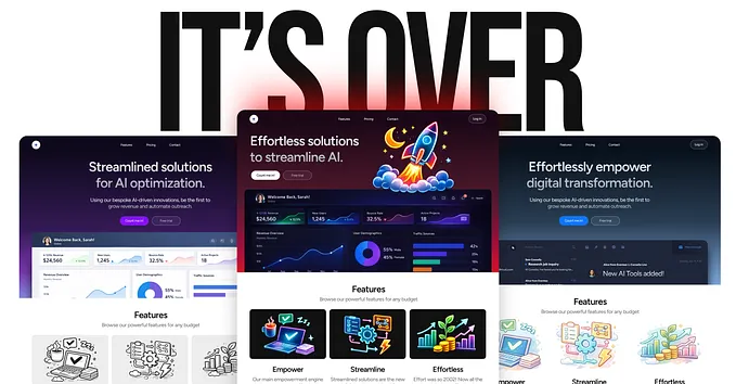 Image 31: Vibe Coding is Over illustration of three ai generated landing pages with the words IT’S OVER written at the top in large text